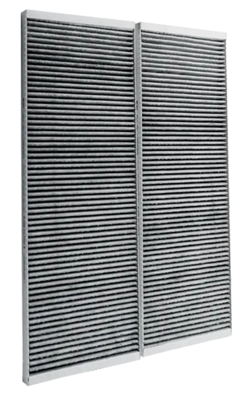 Aktivkohlefilter mit horizontalen Rillen, geeignet für Luftreinigungssysteme von Wolf. Zwei Stück, typische Konstruktion für effiziente Luftfiltration.